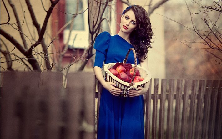 modell, flicka, korg, bilder, skönhet, blå klänning, staketet, äpplen