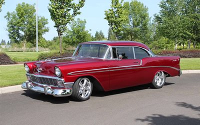 klassikko, 1956, chevrolet, ls1, hot rod, sauvat, auto, retro, custom d, punainen