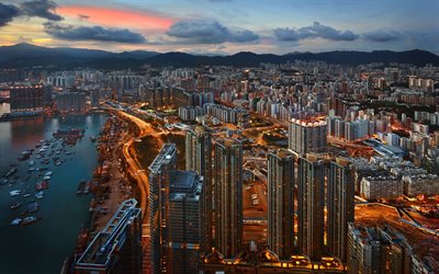 la ciudad, la metrópolis, de los rascacielos de hong kong, panorámica, ciudad, fondos de escritorio