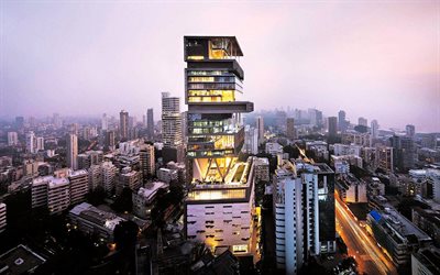 mumbai, vista, notte, città, edificio, antilia, architettura, india