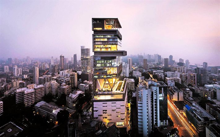 mumbai, utsikt, natt, staden, byggnad, antilia, arkitektur, indien