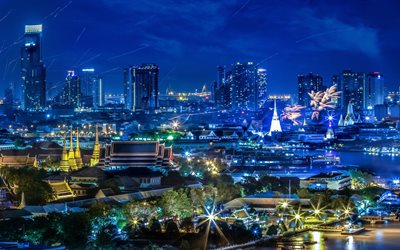 la ciudad, panorama, la noche, los edificios de la ciudad, bangkok, la capital, tailandia