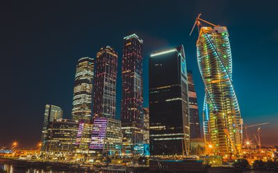 La Ciudad de moscú, noche, luces, rascacielos, Moscú, Rusia