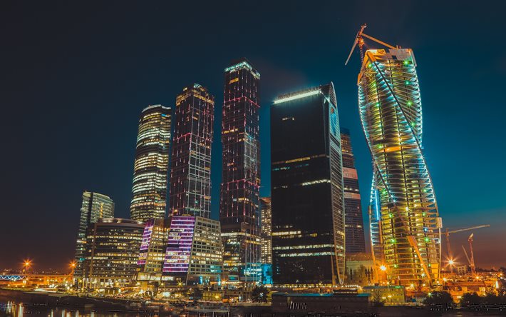 moskva city, natt, ljus, skyskrapor, moskva, ryssland