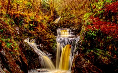 waterfall, autumn, 4k, cliff, forest