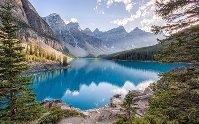 Moraine झील, शाम, गर्मी, ब्लू झील, पहाड़ों, Banff राष्ट्रीय उद्यान, अलबर्टा, कनाडा