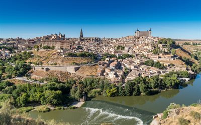 Toledo, 4k, nehir, panorama, yaz, İspanya