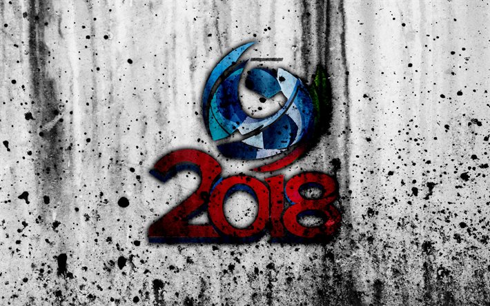 Russia 2018, 4k, sfondo bianco, calcio, FIFA, football, grunge, Coppa del Mondo 2018, logo, Coppa del Mondo FIFA 2018