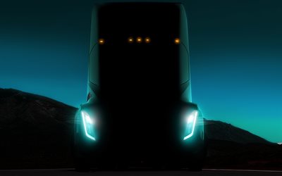4k, Tesla Yarı Kamyon, farlar, 2018 kamyon, elektrikli kamyon, gece, Tesla, kamyon