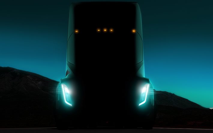 4k, Tesla Semi Camión, faros de 2018 camión, camión eléctrico, noche, Tesla, camiones