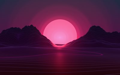 3 डी पहाड़, पहाड़ परिदृश्य, 4k, गुलाबी नियॉन सूरज, नीयन सूर्यास्त