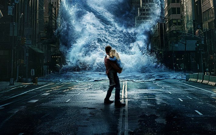 Geostorm, avec Gerard butler, 2017, 4k, de la promo de l'affiche, le nouveau film de catastrophe, tsunami