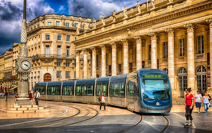Burdeos, cuadrado, moderno tranvía, transporte urbano, Francia