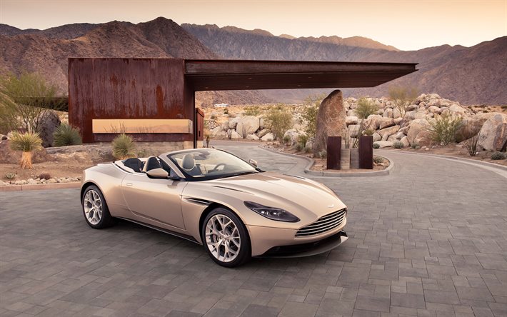 Aston Martin DB11, 2018, Volante, de sports de luxe coupé, beige DB11, voitures de sport Britanniques, états-unis, coucher de soleil, canyon