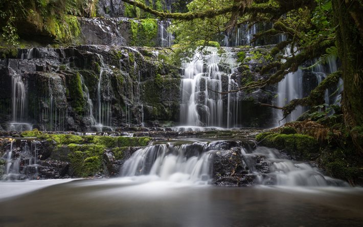 Purakaunui Falls, lago, bellissima cascata, rock, foresta, Nuova Zelanda