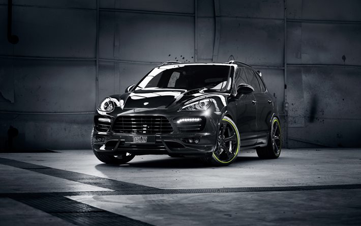 Porsche Cayenne, 2017, black sport SUV, tuning Cayenne, black wheels, TechArt, Porsche