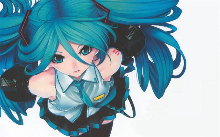 Hatsune Miku, capelli blu, caratteri, manga, Vocaloid