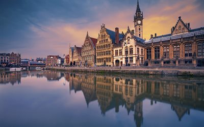 Ghent, canal, bridge, evening city, river, Belgium
