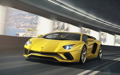Lamborghini Aventador S, en 2017, les voitures, le mouvement, les supercars, jaune lamborghini