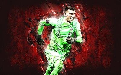 dominik livakovic, kroatian jalkapallomaajoukkue, kroatialainen jalkapalloilija, maalivahti, qatar 2022, punainen kivi tausta, kroatia, jalkapallo