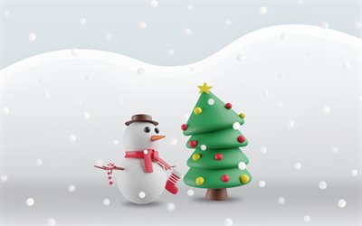 muñeco de nieve 3d, paisaje de invierno, arbol de navidad 3d, fondo de invierno con un muñeco de nieve, feliz año nuevo, feliz navidad, paisaje de invierno 3d, muñeco de nieve