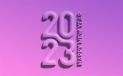 2023 Happy New Year, purple 3D digits, 4k, vertical inscription, 2023 concepts, minimalism, 2023 3D digits, Happy New Year 2023, creative, 2023 purple background, 2023 year