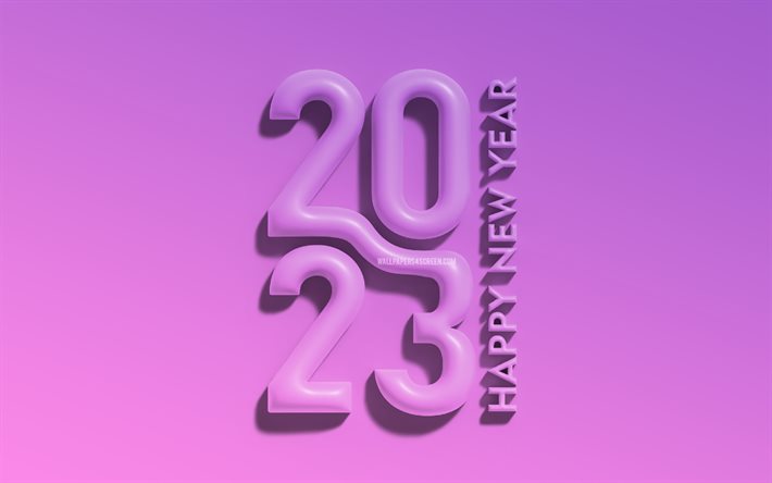 2023 feliz ano novo, dígitos 3d roxos, 4k, inscrição vertical, 2023 conceitos, minimalismo, 2023 dígitos 3d, feliz ano novo 2023, criativo, 2023 fundo roxo, 2023 ano