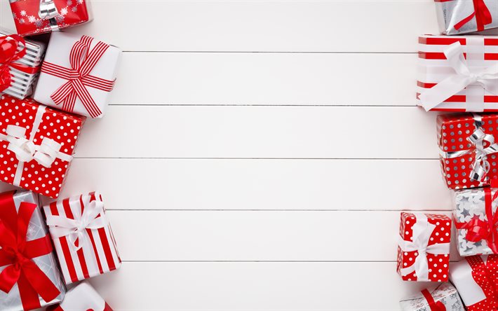 caixas de presente brancas, 4k, arcos vermelhos, feliz ano novo, decorações de natal, natal, quadros de caixas de presente, presentes de natal, caixas de presente, presentes