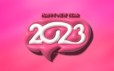 2023 Happy New Year, 4k, white 3D digits, pink 3D speech bubble, 2023 concepts, 2023 3D digits, Happy New Year 2023, creative, 2023 white digits, 2023 pink background, 2023 year