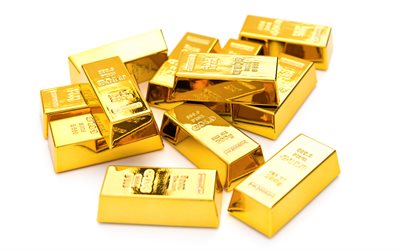 montaña de lingotes de oro, 4k, montaña de oro, lingotes de oro sobre un fondo blanco, lingotes de oro, finanzas, bolsa de moneda de oro, oro