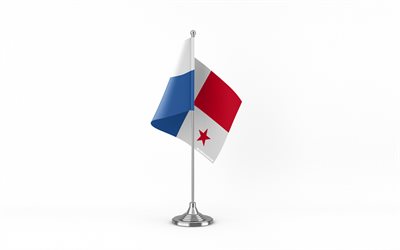 4k, bandera de mesa de panamá, fondo blanco, bandera de panamá, bandera de panamá en palo de metal, símbolos nacionales, panamá, europa