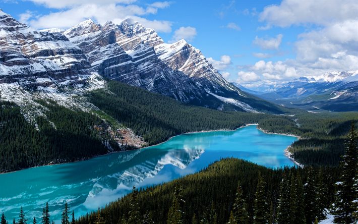 Peyto Lake, aerial view, winter, Banff National Park, canadian landmarks, mountains, pictures with lakes, beautiful nature, Banff, HDR, Canada, Alberta, blue lakes