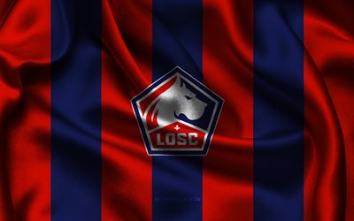 4k, lille osc logotyp, blått rött sidentyg, franska fotbollslaget, lille osc emblem, ligue 1, lille osc, frankrike, fotboll, lille osc flagga