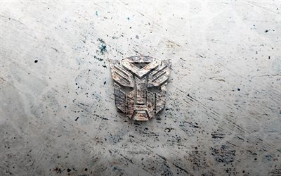 Transformers stone logo, 4K, stone background, Transformers 3D logo, movie logo, creative, Transformers logo, grunge art, Transformers