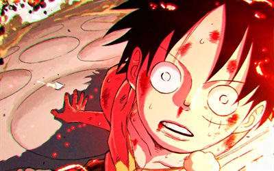 Monkey D Luffy, battle, One Piece, manga, protagonist, abstract art, One Piece characters, red grunge background, Monkey D Luffy One Piece