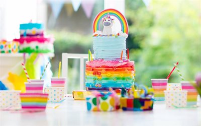 sateenkaaren syntymäpäiväkakku, 4k, yksisarvinen kakku, hyvää syntymäpäivää, syntymäpäiväjuhlat, syntymäpäiväkakun tausta, hyvää syntymäpäivää tausta, kakut, makeisia, lahjat
