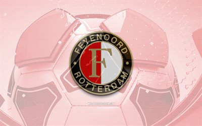 Feyenoord glossy logo, 4K, red football background, Eredivisie, soccer, belgian football club, Feyenoord 3D logo, Feyenoord emblem, Feyenoord FC, football, sports logo, Feyenoord logo, Feyenoord Rotterdam