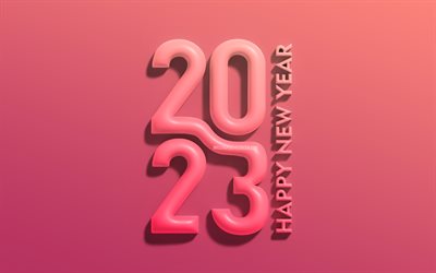 2023 Happy New Year, pink 3D digits, 4k, vertical inscription, 2023 concepts, minimalism, 2023 3D digits, Happy New Year 2023, creative, 2023 pink background, 2023 year