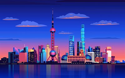 शंघाई स्काईलाइन सिटीस्केप, 4k, रचनात्मक, सार शहर, स्काईलाइन सिटीस्केप, अमूर्त इमारतें, शंघाई पैनोरमा, शंघाई सिटीस्केप