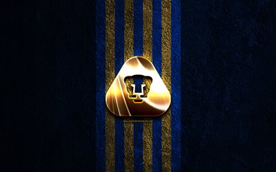 logotipo dorado de los pumas de la unam, 4k, fondo de piedra azul, liga mx, club de futbol mexicano, logotipo de pumas de la unam, fútbol, escudo de los pumas de la unam, pumas de la unam