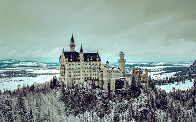 castillo de neuschwanstein, anochecer, puesta de sol, palacio de neuschwanstein, invierno, nieve, bosque, baviera, castillo romantico, castillos alemania, hohenschwangau, alemania