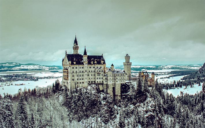 castelo de neuschwanstein, noite, pôr do sol, schloss neuschwanstein, inverno, neve, floresta, baviera, castelo romantico, castelos alemanha, hohenschwangau, alemanha