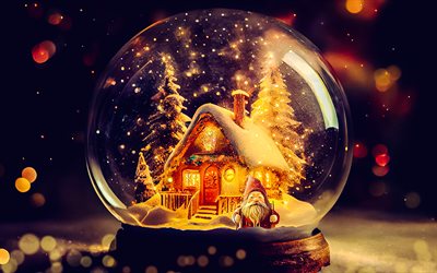 House in a glass bowl, 4k, Christmas night, Happy New Year, Merry Christmas, winter landscape, Christmas elf