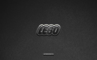 lego logo, tuotemerkit, harmaa kivi tausta, lego  tunnus, suosittuja logoja, lego, metalliset merkit, lego metallinen logo, kivinen rakenne