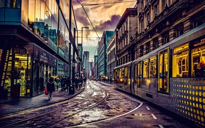 Manchester, streets, evening, sunset, tram, urban transport, Manchester cityscape, England, North West England, UK