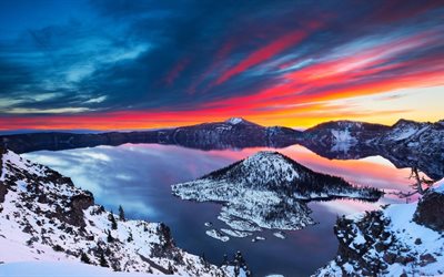 solnedgång, vinter, crater lake national park, usa, amerika