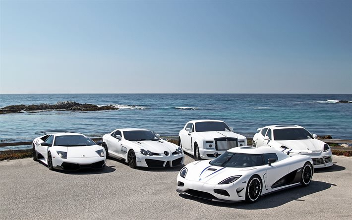 सफेद supercars, koenigsegg agera आर, पोर्श पानामेरा, रोल्स रॉयस, प्रेत, लेम्बोर्गिनी Aventador