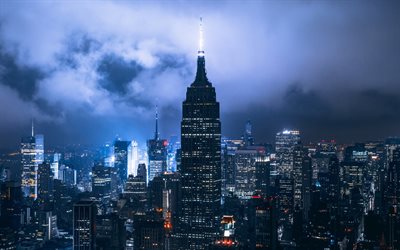 New York, night, America, clouds, skyscrapers, USA