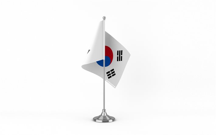 4k, bandiera da tavolo della corea del sud, sfondo bianco, bandiera della corea del sud, bandiera della corea del sud sul bastone di metallo, simboli nazionali, corea del sud