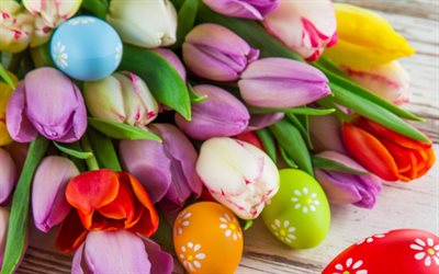 La pascua, coloridos tulipanes, huevos de pascua, los tulipanes, el ramo